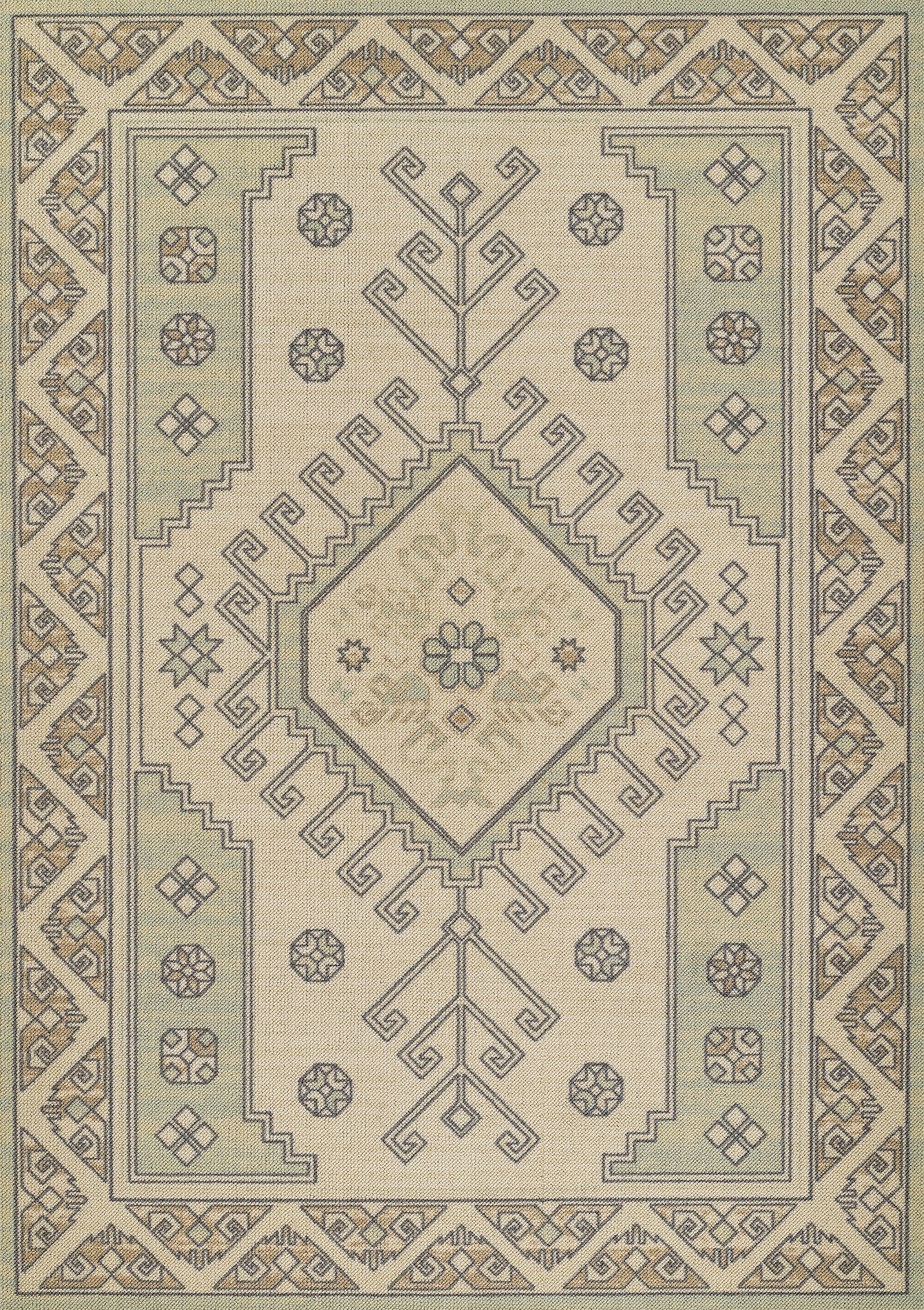 Beige area rug with a central diamond medallion, geometric floral motifs, and sage-green borders in oriental style.