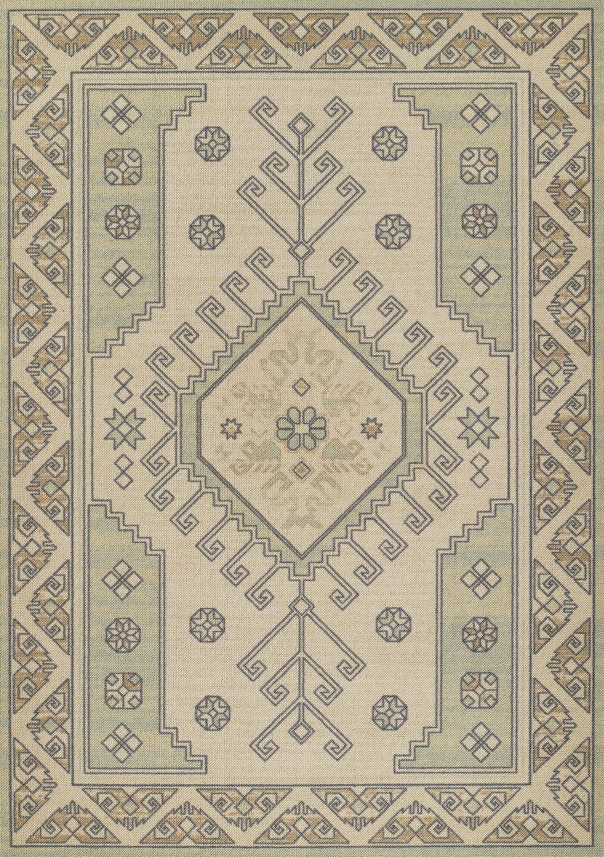 Beige area rug with a central diamond medallion, geometric floral motifs, and sage-green borders in oriental style.