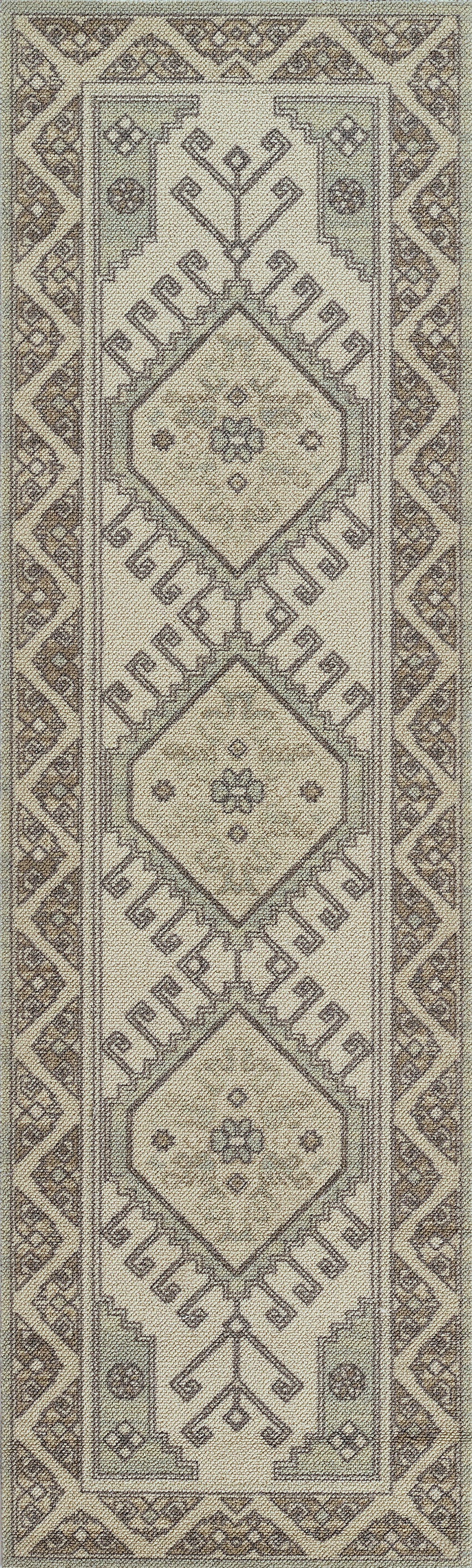 Anatolian-style rug in ivory and taupe with geometric diamond medallions and ornate border.