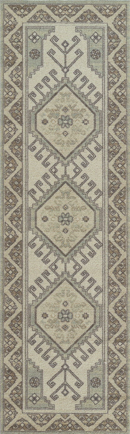 Anatolian-style rug in ivory and taupe with geometric diamond medallions and ornate border.
