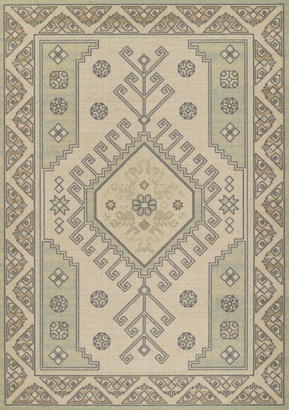 Muted beige oriental rug with central diamond medallion, sage-green borders and geometric tribal motifs.