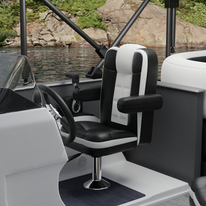 Black solid fabric captain chair on a modern boat interior with chrome pedestal, steering wheel, and water view.