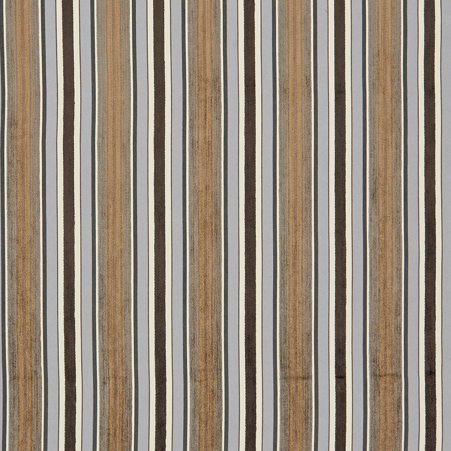 Vertical striped pattern in tan, brown, gray and black on a light gray background; chenille textured fabric.