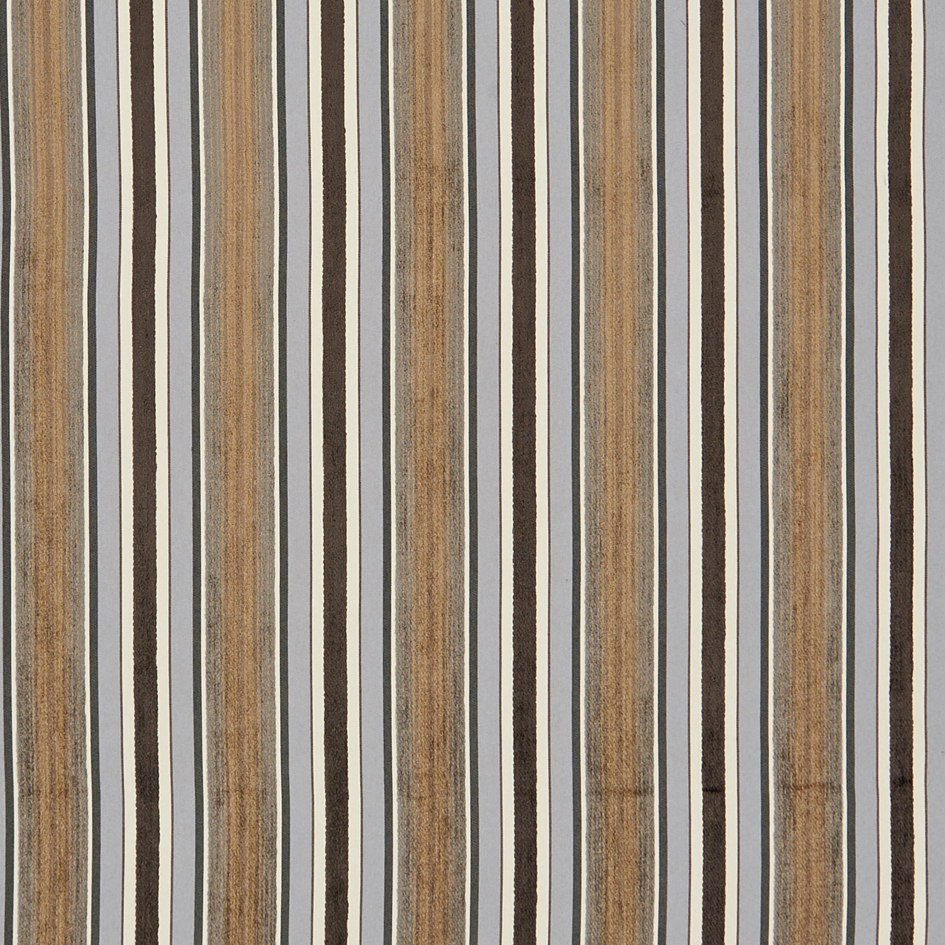 Vertical striped pattern in tan, brown, gray and black on a light gray background; chenille textured fabric.