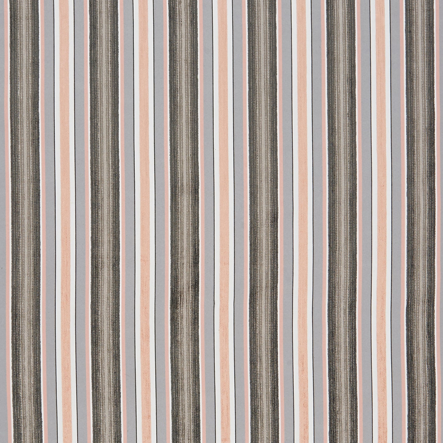 Vertical striped pink chenille fabric with peach, light blue, cream and charcoal stripes; textured dark lines for a modern look.