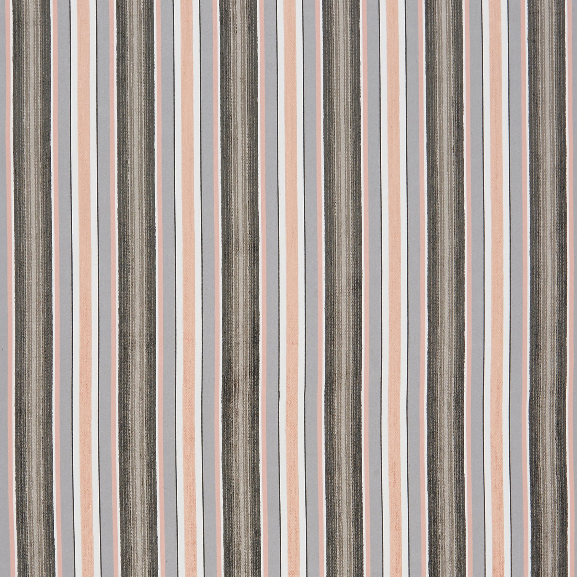 Vertical striped pink chenille fabric with peach, light blue, cream and charcoal stripes; textured dark lines for a modern look.