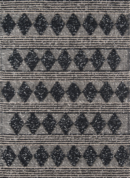 Neutral-toned woven rug with repeating black diamond motifs and dotted bands.