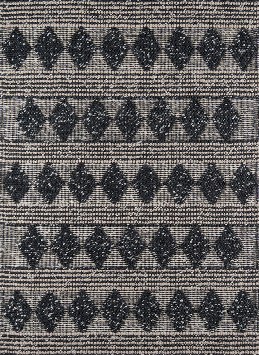 Neutral-toned woven rug with repeating black diamond motifs and dotted bands.