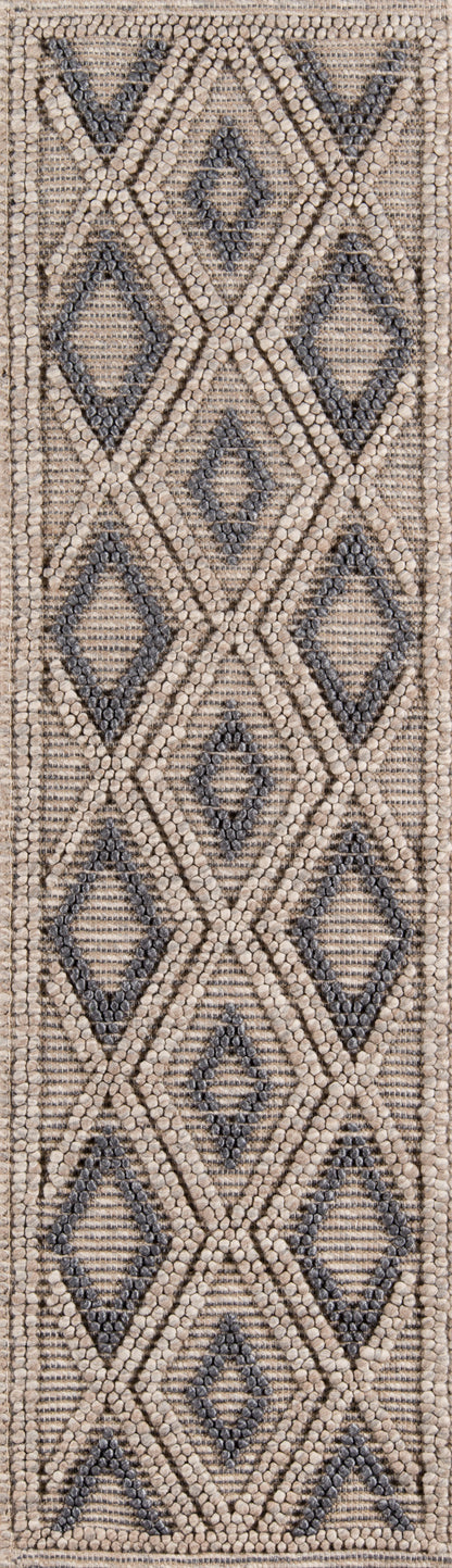 Narrow flat-weave rug in beige with blue diamond geometric pattern; kilim-inspired floor runner.