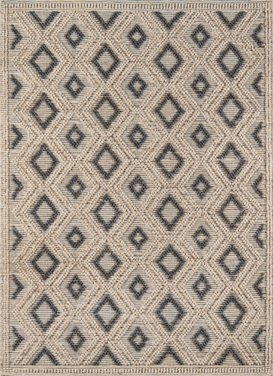Beige and charcoal geometric diamond rug, woven natural fiber with a bordered edge; rustic, modern decor.