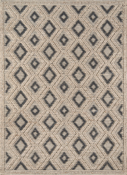 Beige woven area rug with dark gray diamond lattice pattern; rectangular, textured geometric rug.