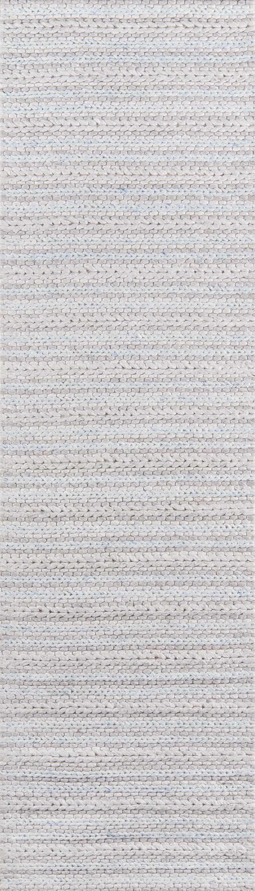 Light gray and ivory woven textile with subtle horizontal stripes; cozy textured throw or rug.