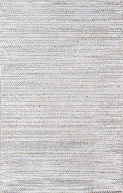Neutral cream and light gray striped rug with textured woven pattern and soft loop pile.