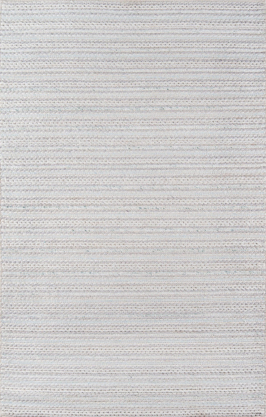 Neutral cream and light gray striped rug with textured woven pattern and soft loop pile.
