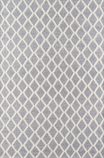 Gray rug with ivory lattice diamond pattern, textured woven surface, modern geometric area rug