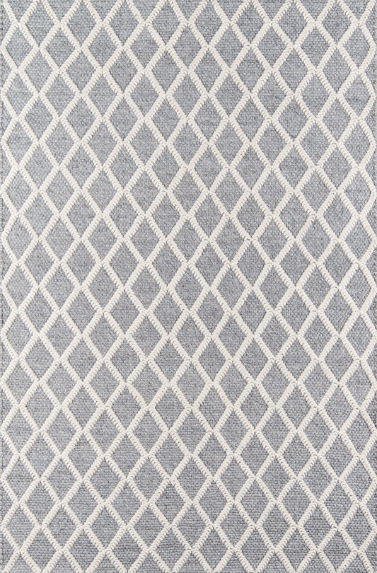 Gray rug with ivory lattice diamond pattern, textured woven surface, modern geometric area rug