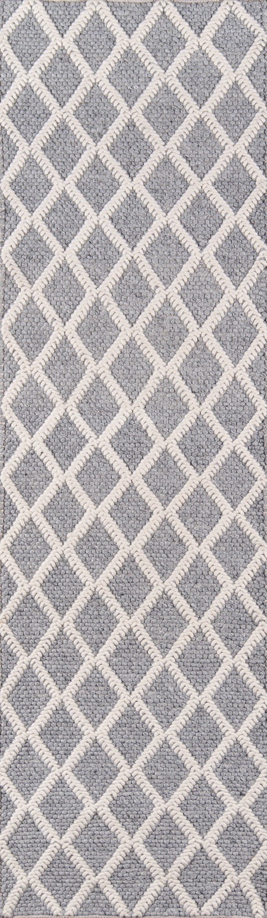 Gray woven area rug with cream diamond lattice pattern; soft textured geometric décor for living room.
