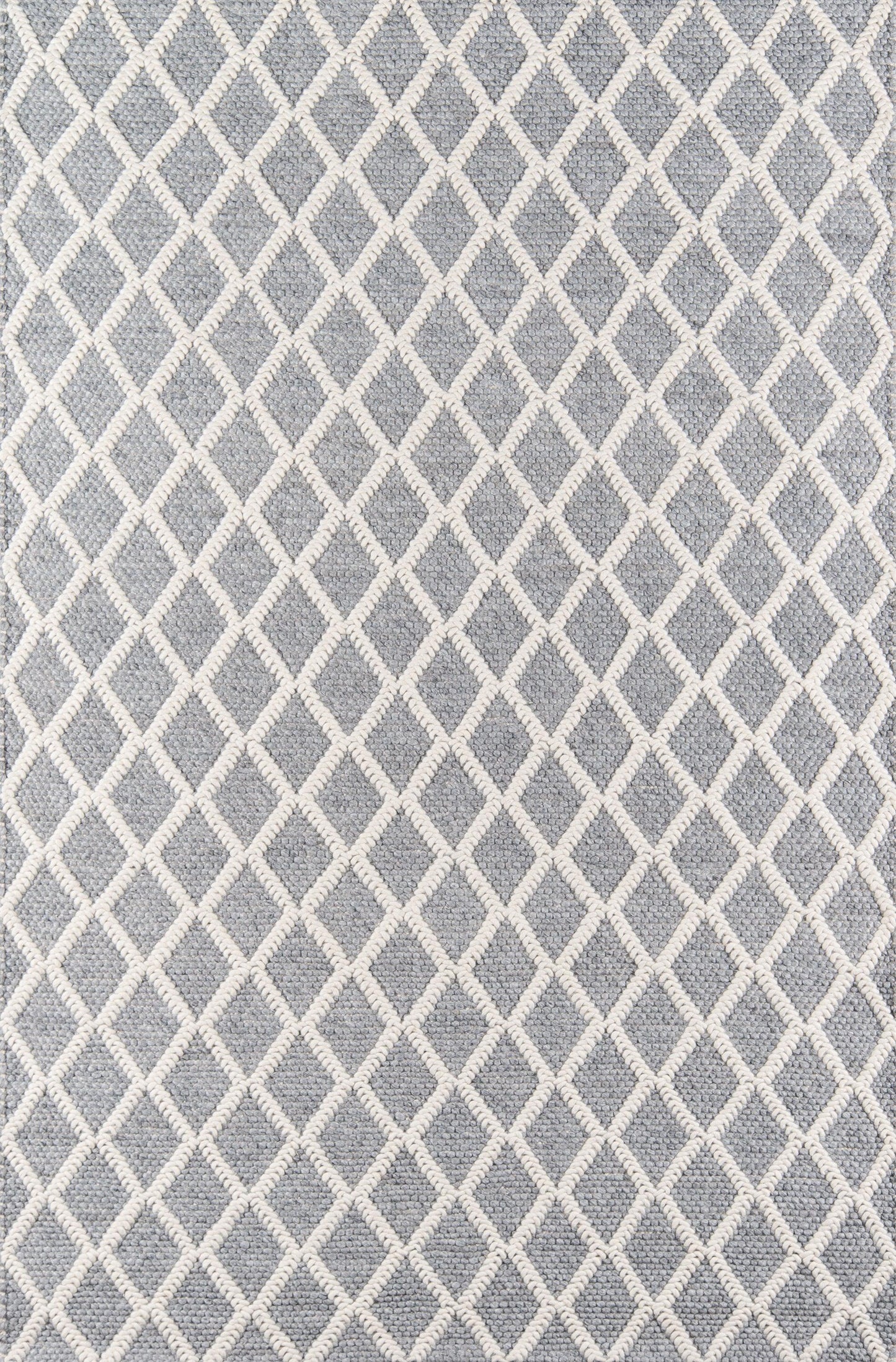 Gray woven rug with white diamond lattice pattern; modern geometric design and soft textured surface.