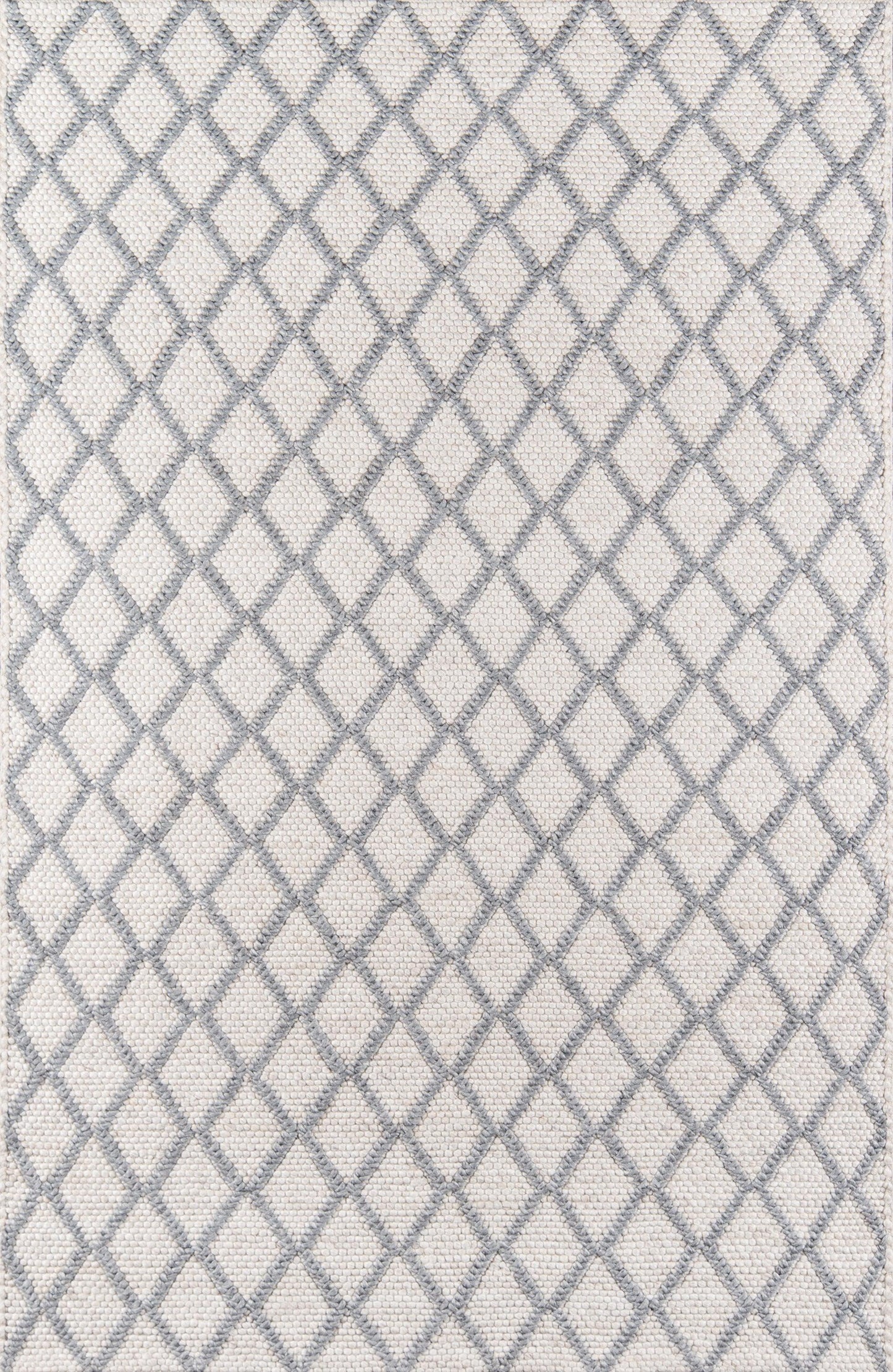 Beige woven area rug with a gray-blue diamond lattice pattern; modern geometric home decor.