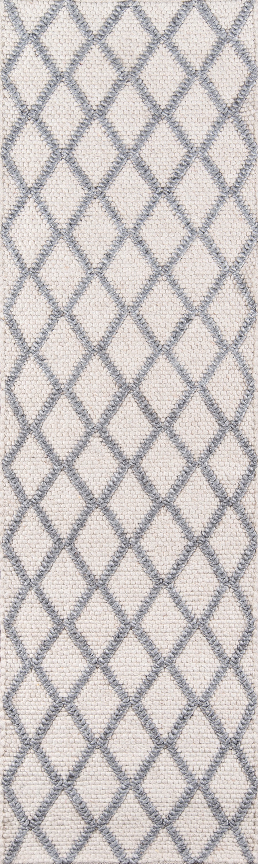 Beige woven rug with blue-gray diamond lattice; geometric neutral pattern for contemporary living spaces.