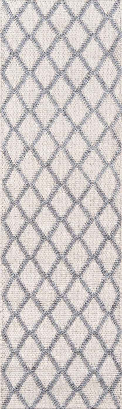 Grey diamond lattice on natural beige woven textile; geometric modern decor.