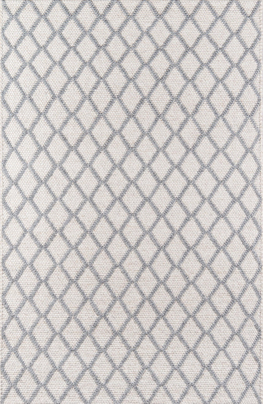 Beige woven rug with a cool gray diamond lattice pattern; soft geometric texture for contemporary living spaces.