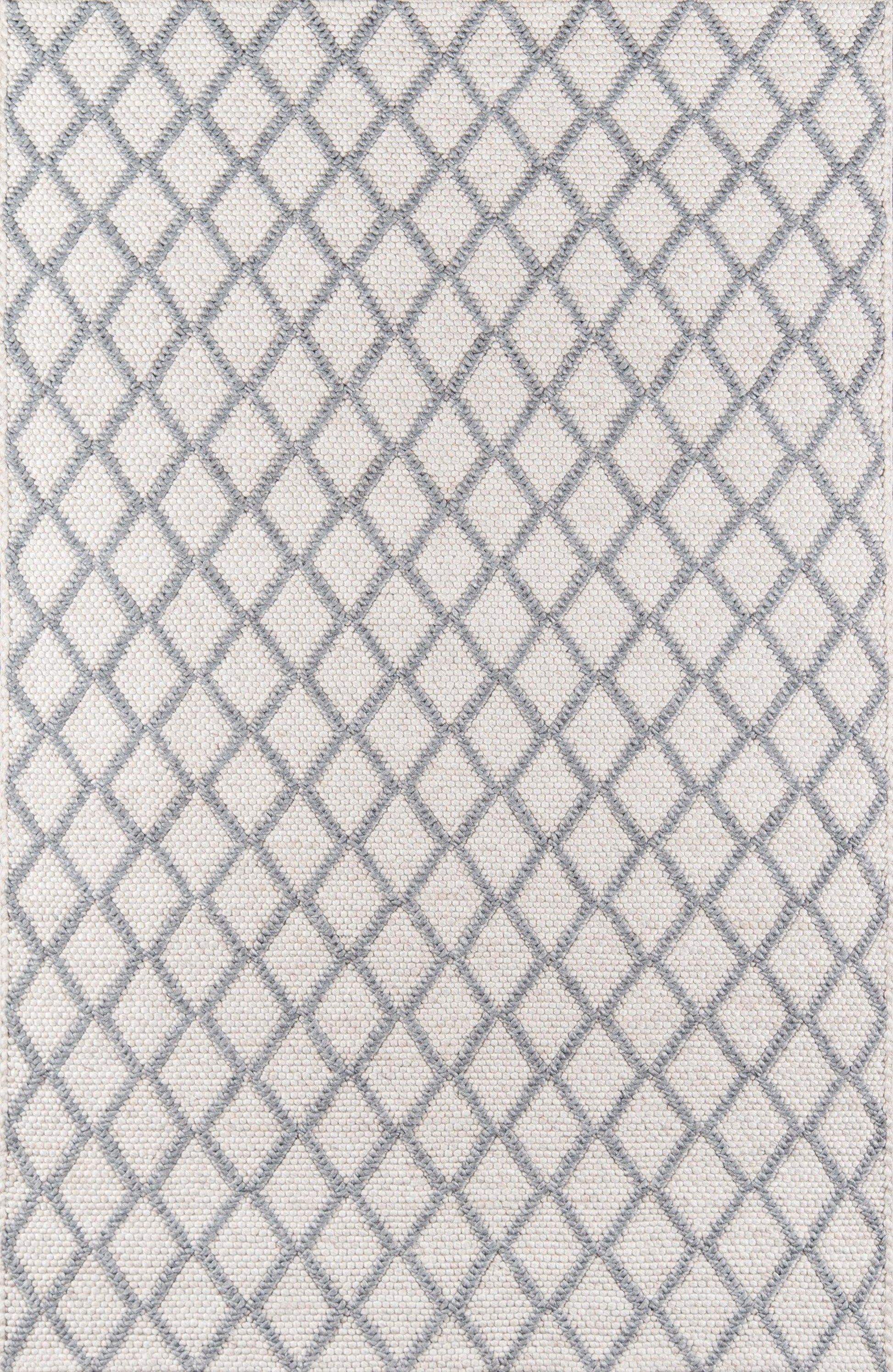 Beige rug with a soft gray diamond lattice pattern; textured woven surface for a modern, neutral decor.