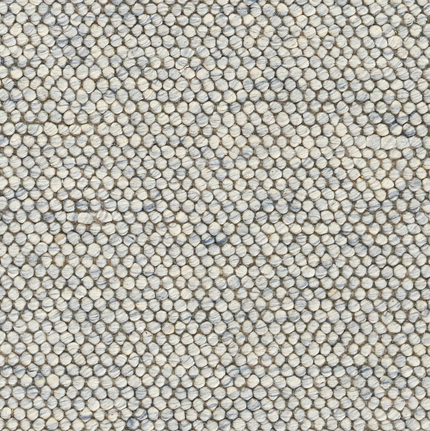 Beige and gray-blue textured woven rug with pebble-loop pattern; casual modern rustic underfoot decor.