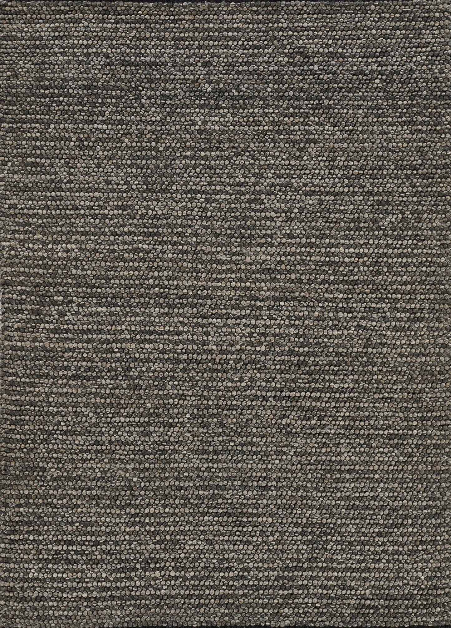 Close-up of brown-gray speckled pebble-textured looped-pile rug.