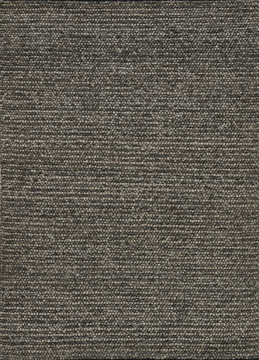 Close-up of brown-gray speckled pebble-textured looped-pile rug.