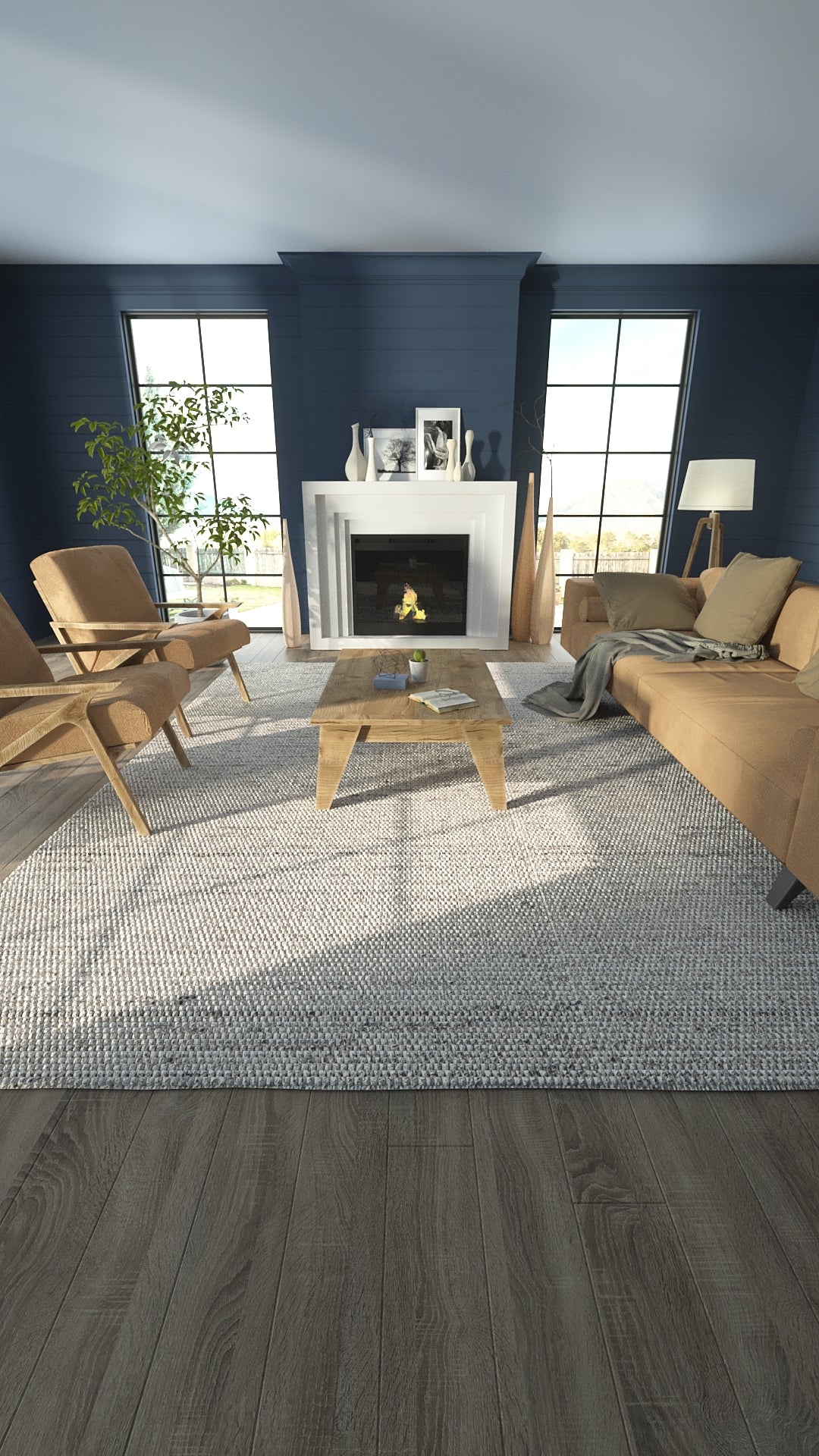 Light gray woven area rug with subtle texture under a wooden coffee table in a navy living room with tan sofa.