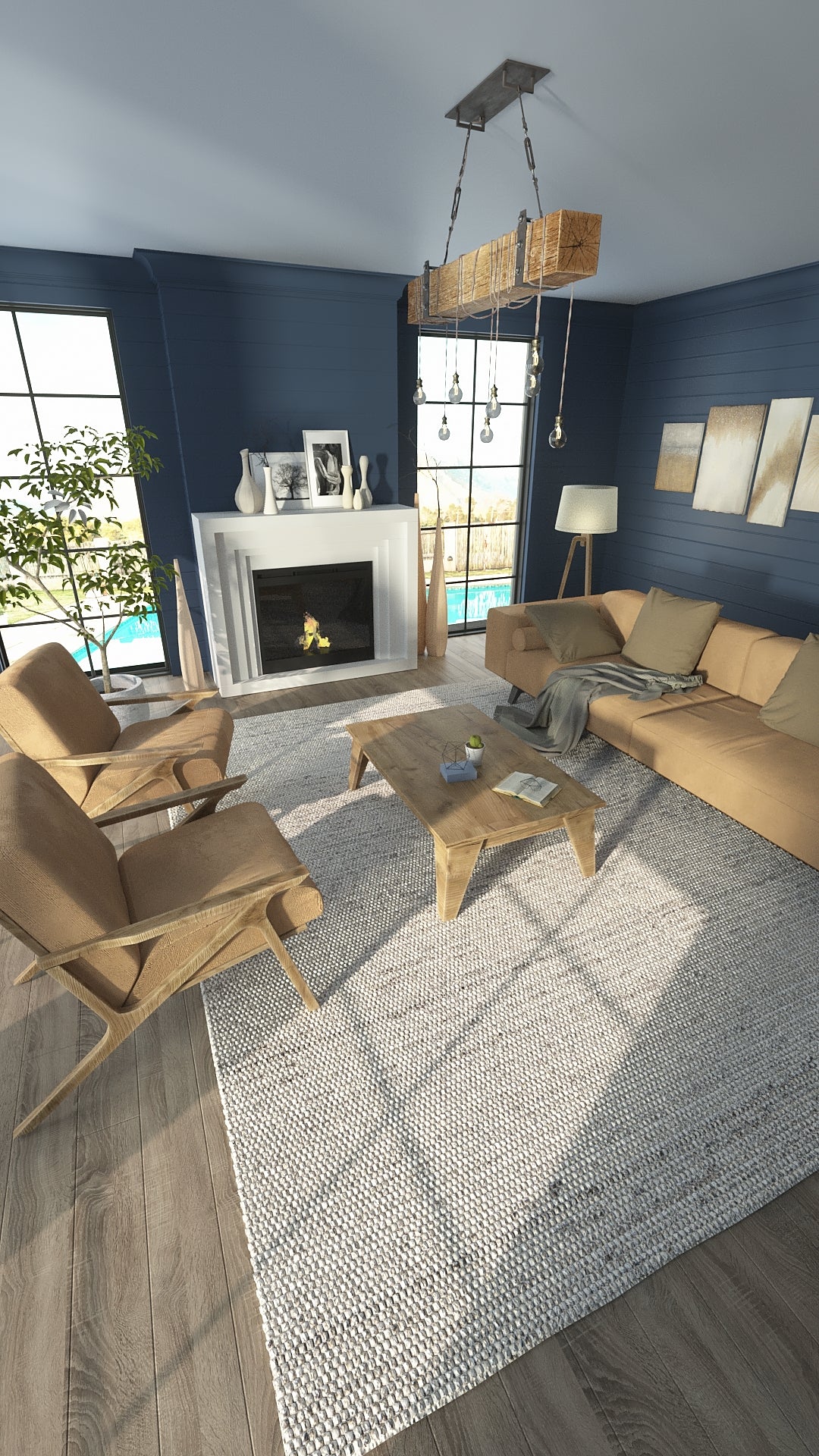 Blue paneled living room with wood-framed sofa and chairs, white fireplace, rustic hanging-bulb chandelier, and a gray rug.