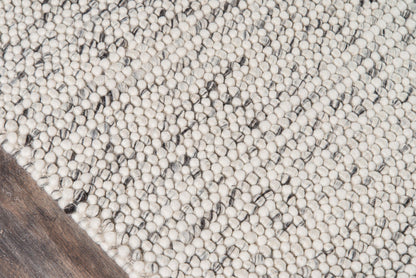 Andes Sand ivory area rug with pebble-like tufts and subtle dark specks on a wood floor.