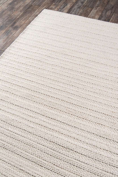 Cream beige boucle woven rug with thick textured horizontal stripes, rectangular living room rug.