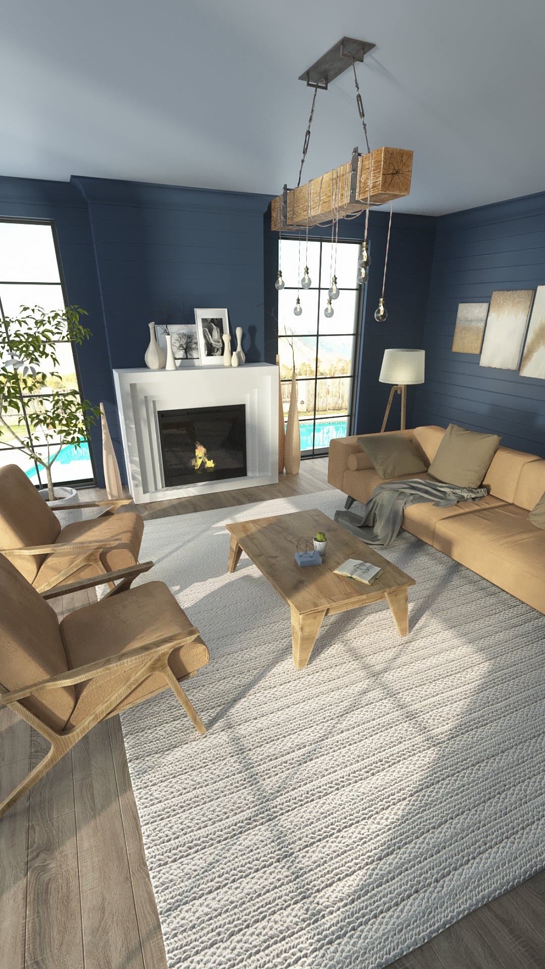 Living room with blue paneled walls, beige sofa and chairs, wooden coffee table, white fireplace, and rustic hanging chandelier.