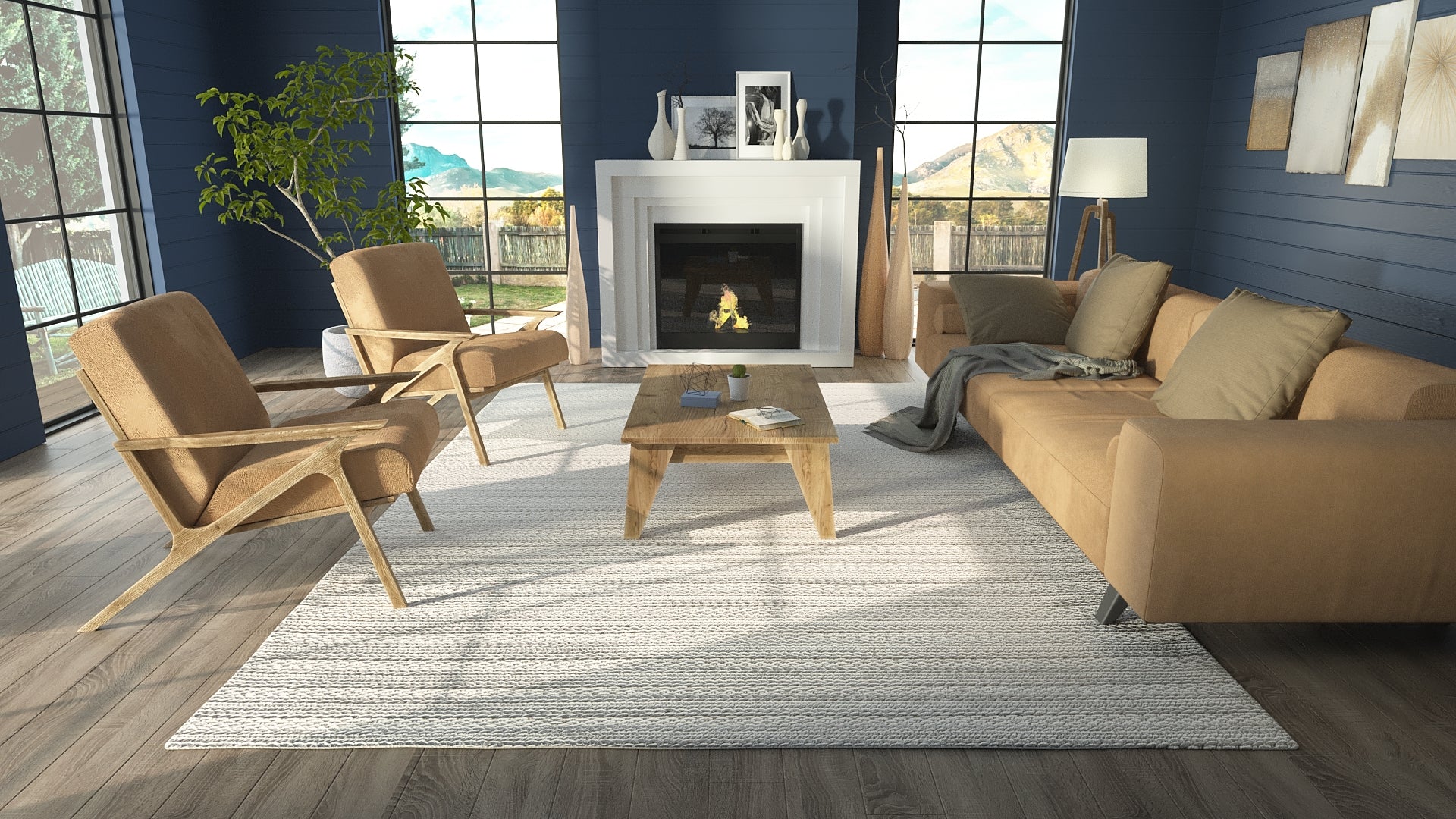 Cozy living room with blue walls, tan sofa and armchairs, wooden coffee table, fireplace, large windows, light rug.