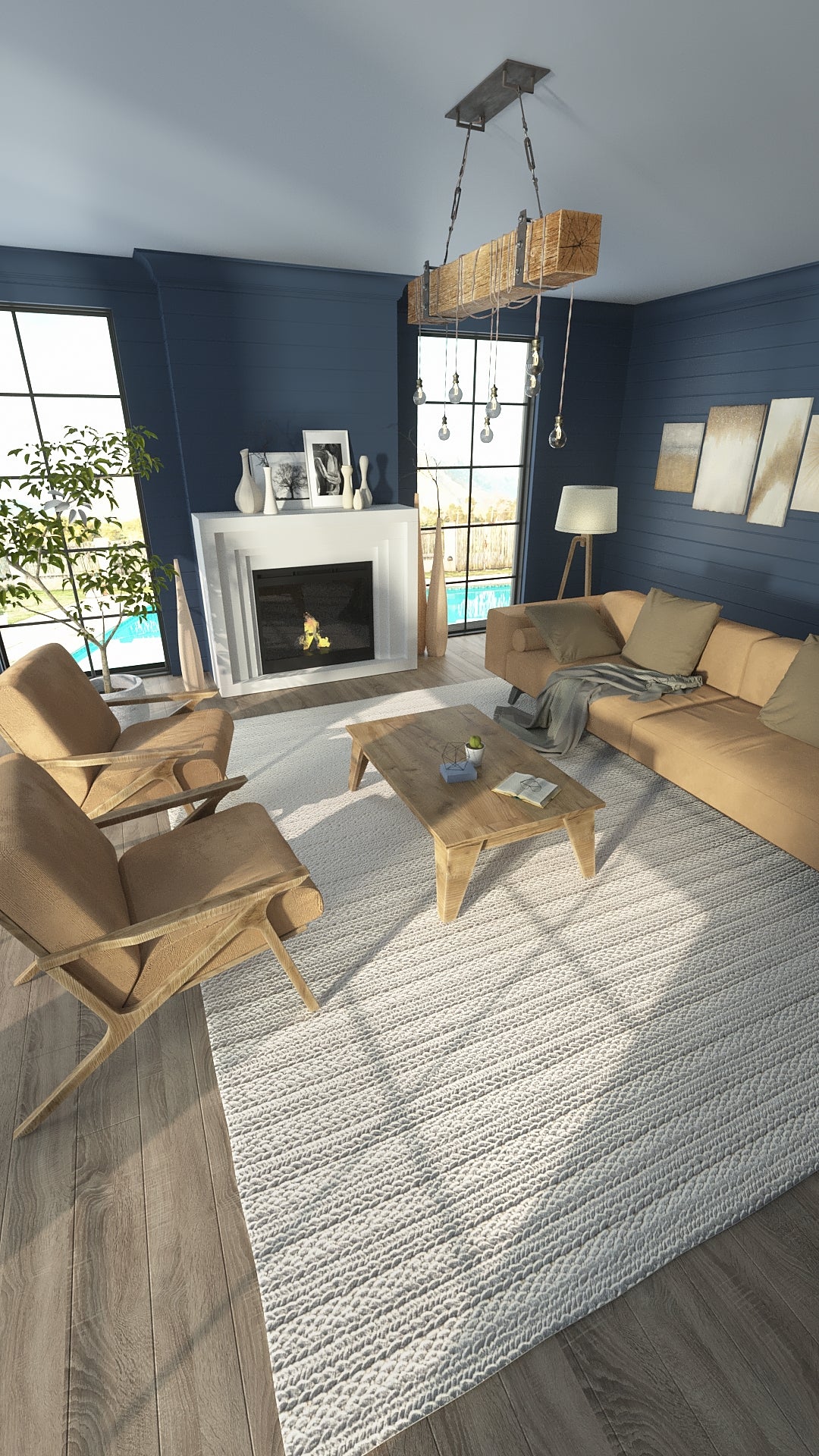 Cozy modern living room with blue walls, beige sofa set, wooden coffee table, fireplace, and hanging bulb chandelier.