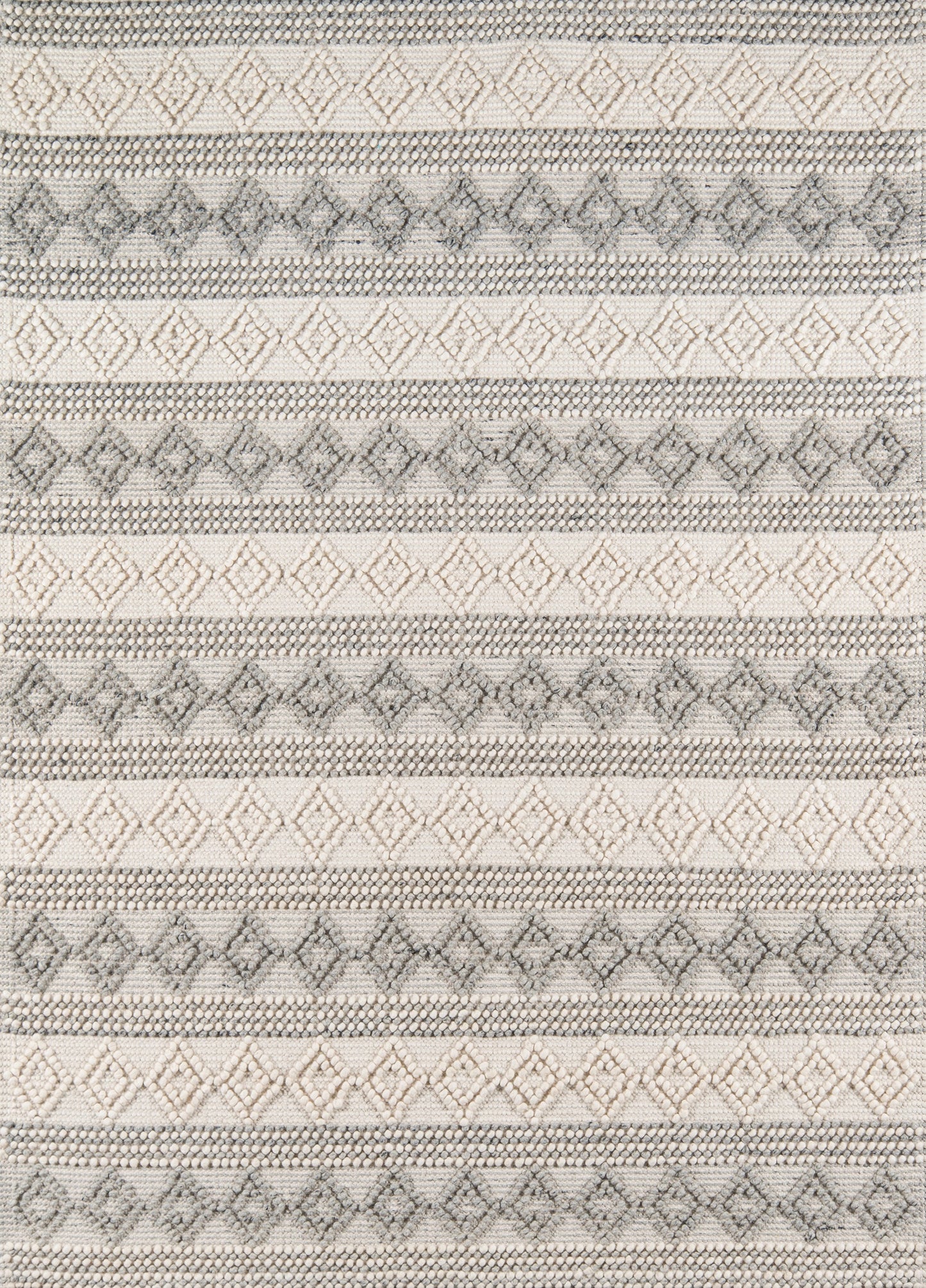Neutral-toned woven rug with horizontal stripes of cream and gray diamond lattices and dotted textures.