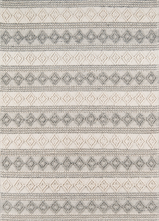 Ivory and gray woven rug with repeating diamond motifs and dotted stripes; geometric, neutral decor.
