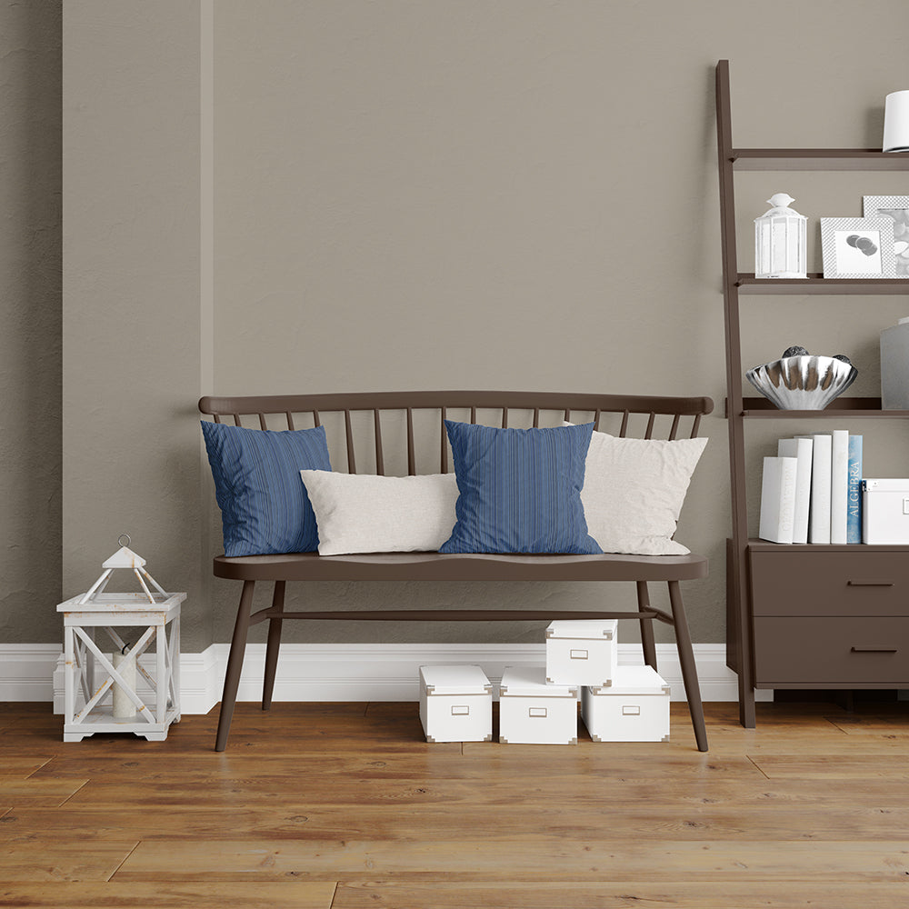 Lake Stripe texture fabric on cushions; brown wooden bench, blue & white cushions, white lantern on the left, storage boxes beneath, and a tall shelf with decor.