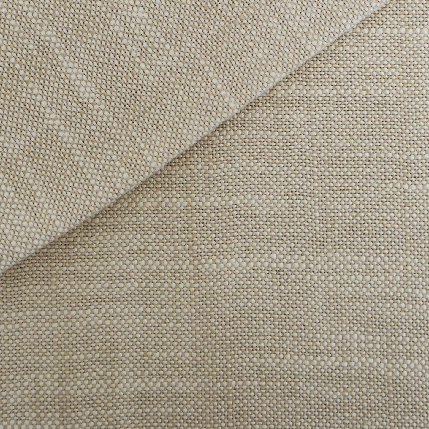 Beige woven linen-look fabric, close-up of a coarse natural weave; versatile upholstery or drapery material.