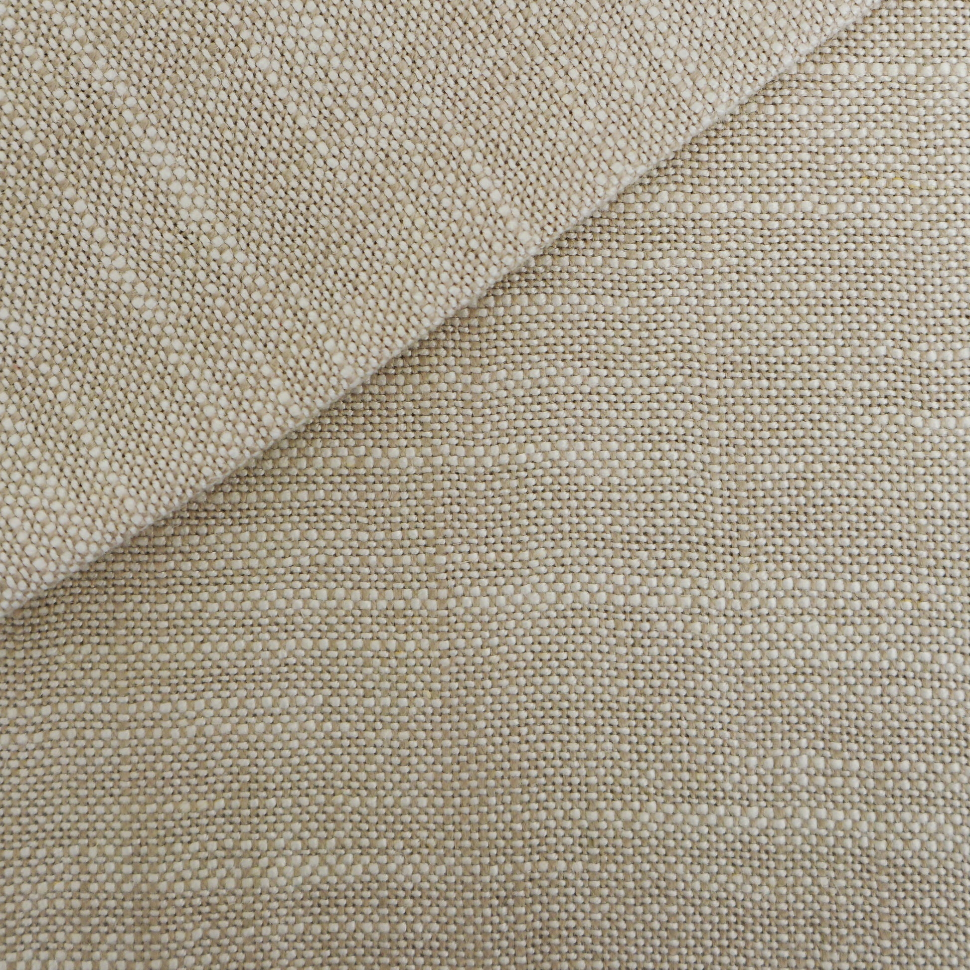 Beige woven linen-look fabric, close-up of a coarse natural weave; versatile upholstery or drapery material.