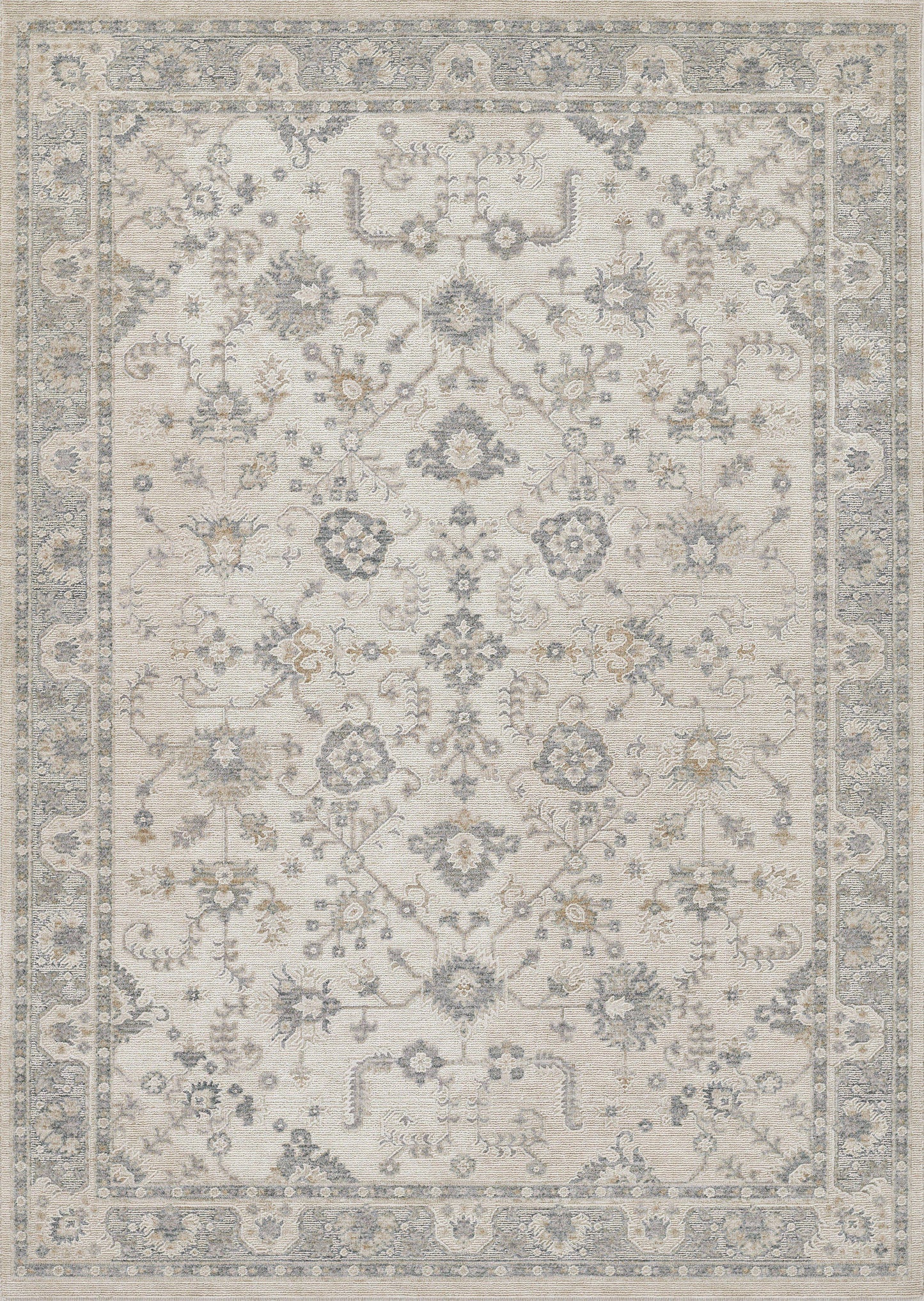 Beige Persian-style area rug with blue-gray floral medallions and an ornate border.