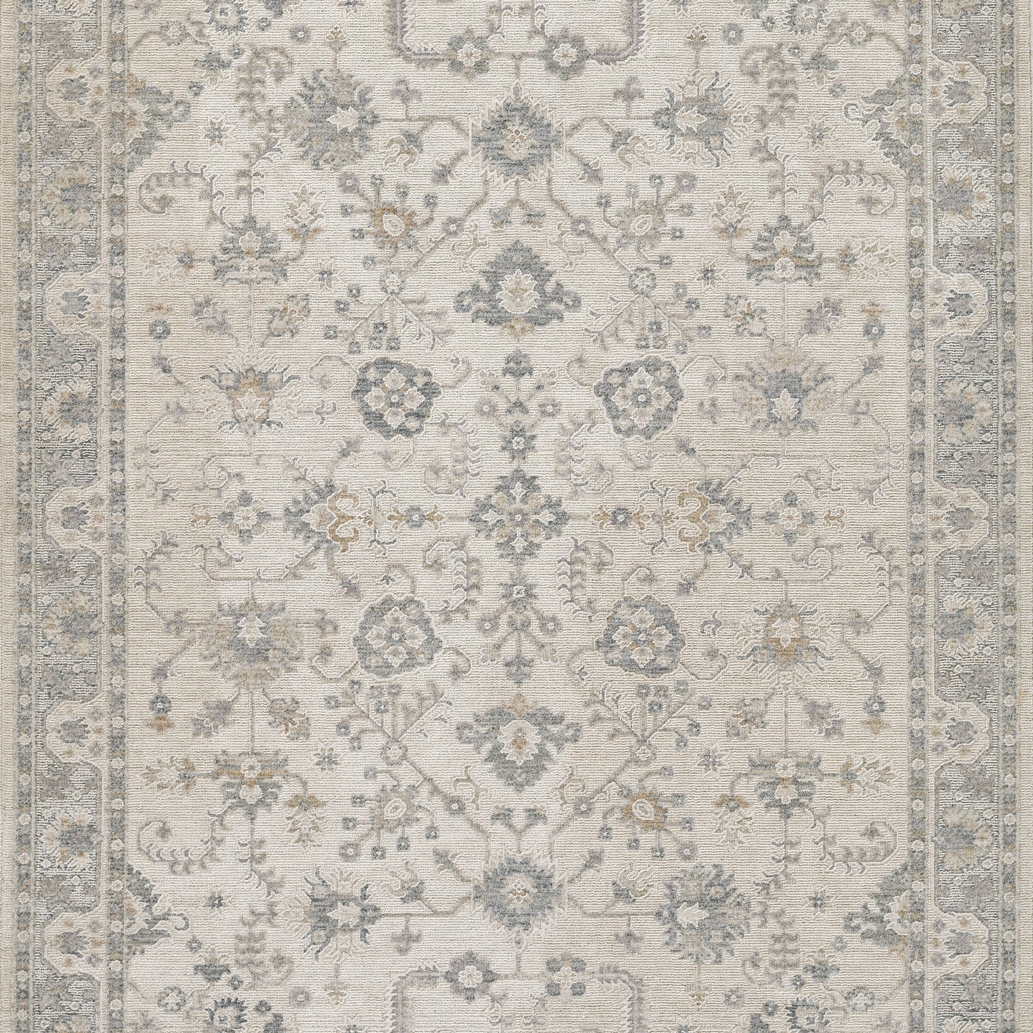 Light beige and blue-gray Oriental area rug with intricate floral medallions and ornate border in traditional Persian style.