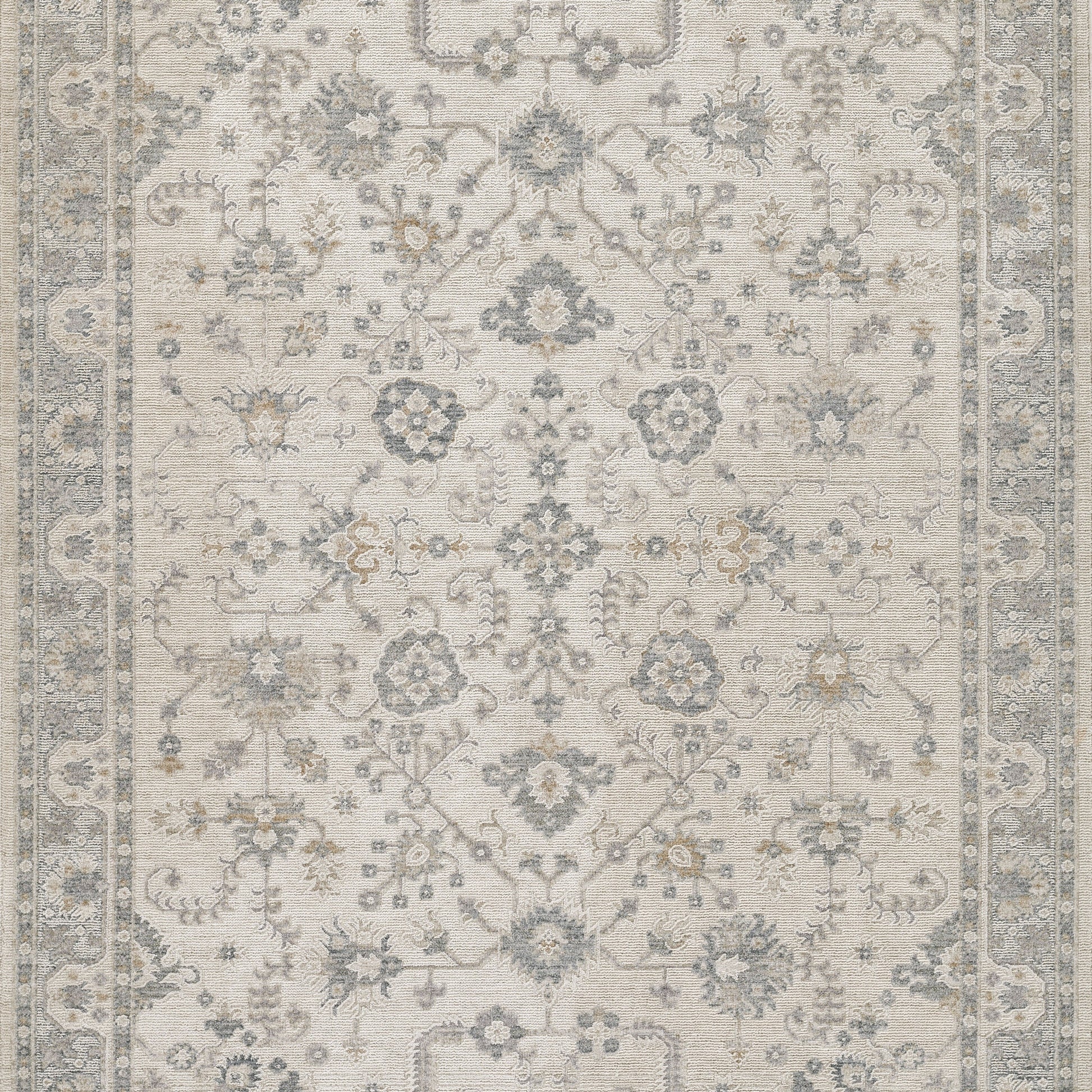 Light beige and blue-gray Oriental area rug with intricate floral medallions and ornate border in traditional Persian style.