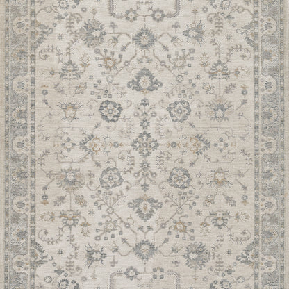 Light beige and blue-gray Oriental area rug with intricate floral medallions and ornate border in traditional Persian style.