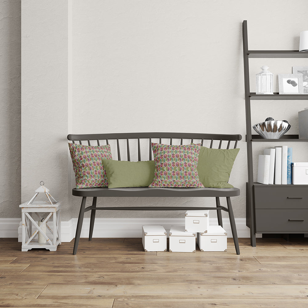 Geometric carousel patterned fabric swatch in dark neutral tones for upholstery