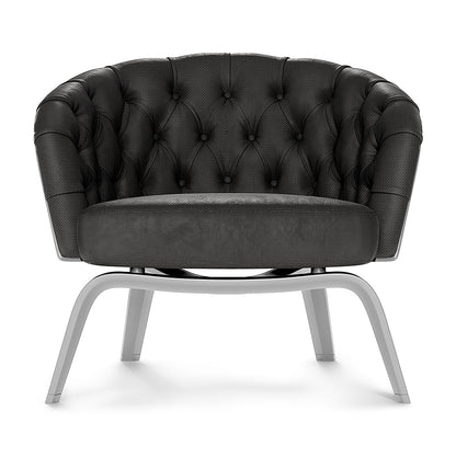 Black textured fabric lounge chair with rounded back and silver curved metal legs.