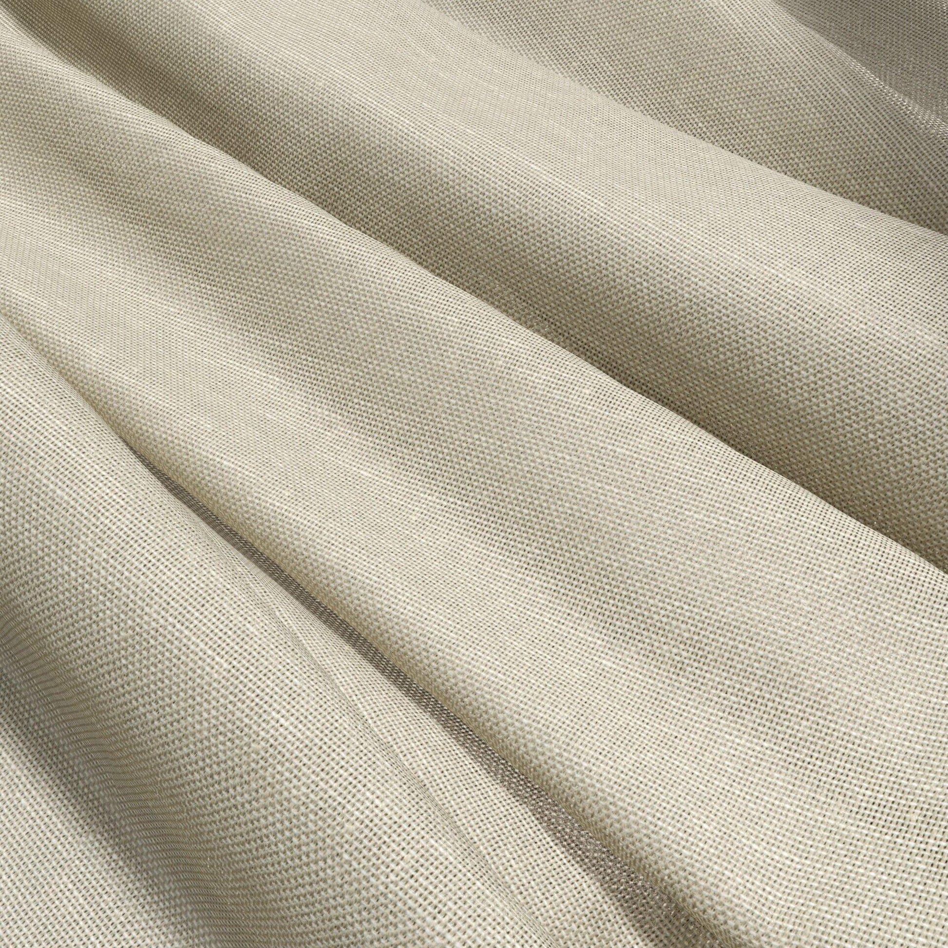 Brown textured fabric with a woven surface and soft folds; sheer, wide width.