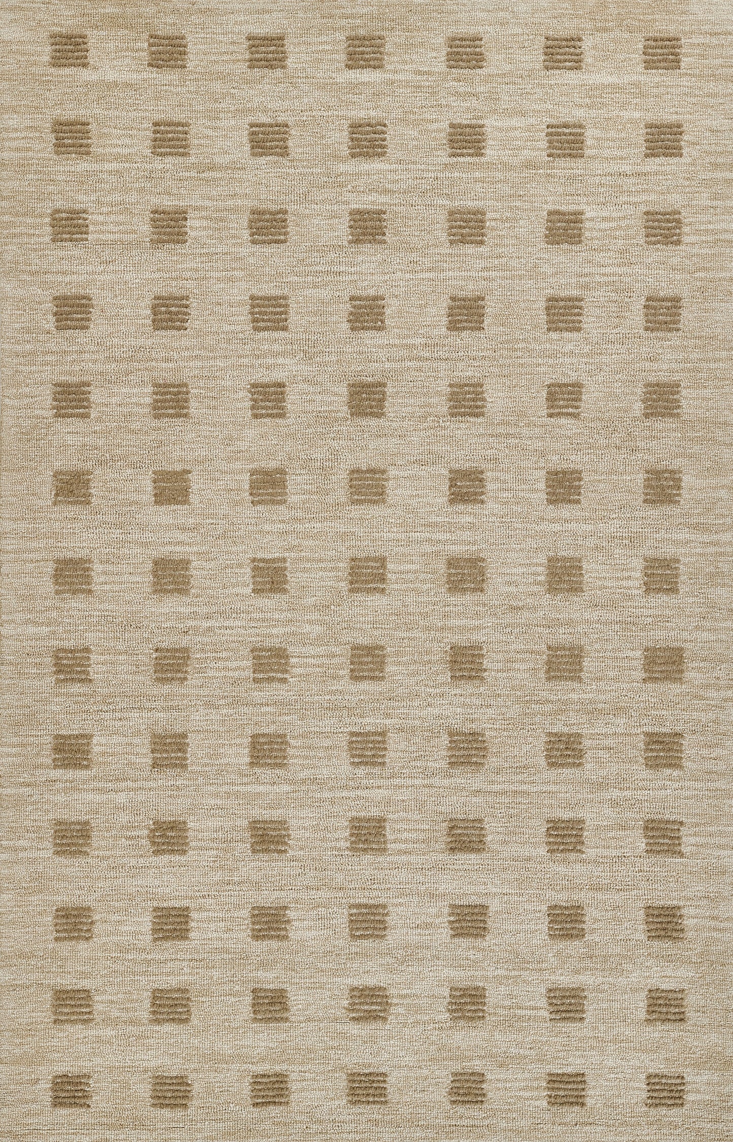 Beige woven area rug with subtle texture and a grid of tan square blocks.